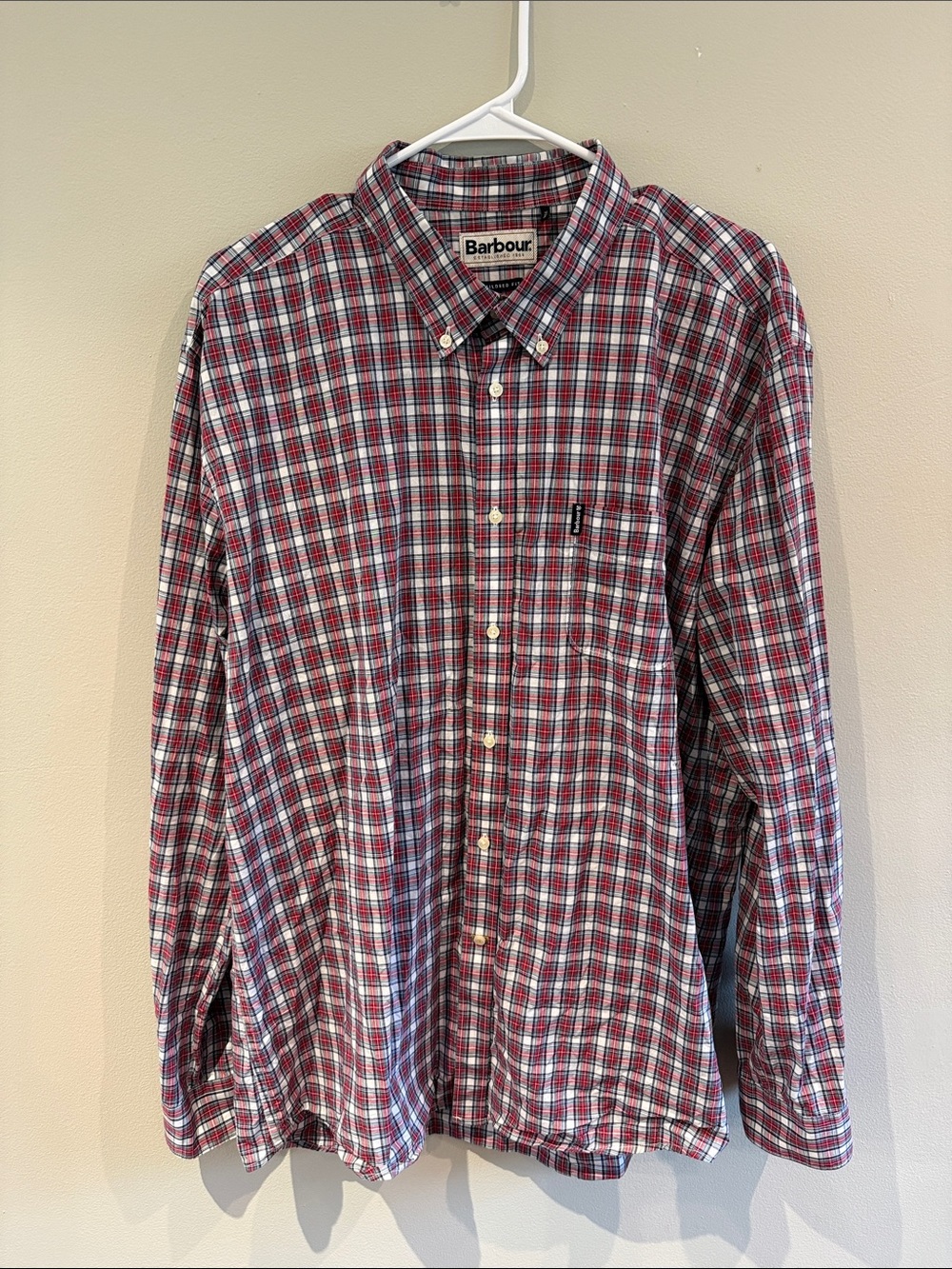 Barbour Red and White Plaid Button-Down Shirt